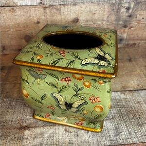 Green Gold Butterfly Flowers Tissue Box Cover Ceramic 6”x6”